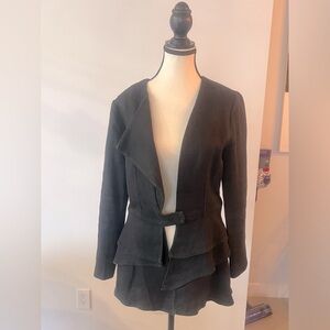 Society black linen blazer with ruffle detail